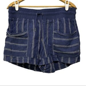 Athleta Cabo 4” Shorts Linen Size 10 Blue Stripe Drawstring Pockets 405373